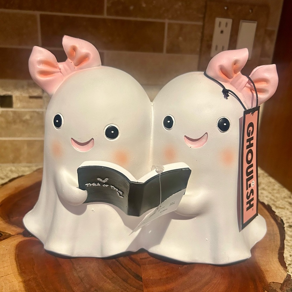 Ghost Twin Girls with Pink Bow Trick or Treat Book Ghost Halloween Decor